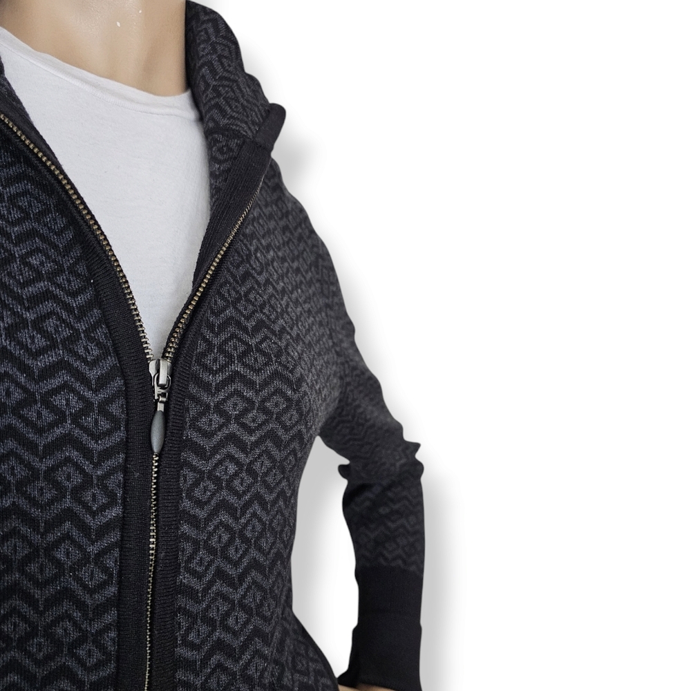 Aspen Black & Gray Geometric Print Zip-Up Sweater With Thumbholes Size Large - Picture 2 of 8